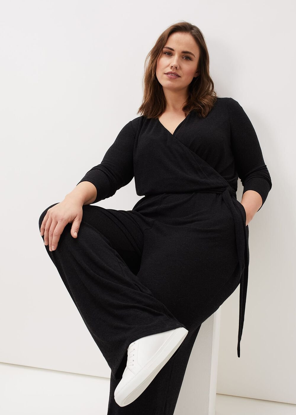 Zarra Wrap Wide Leg Jersey Jumpsuit Charcoal