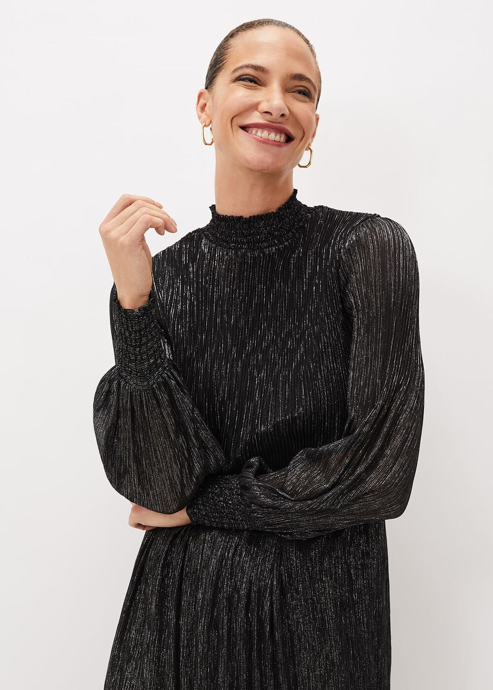 Elina Metallic Plisse Dress Pewter