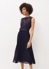 Amora Lace Bodice Pleated Dress Navy
