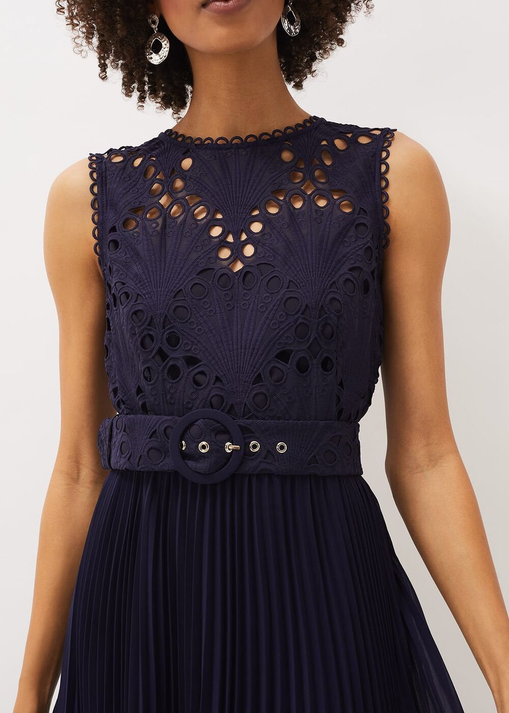 Amora Lace Bodice Pleated Dress Navy