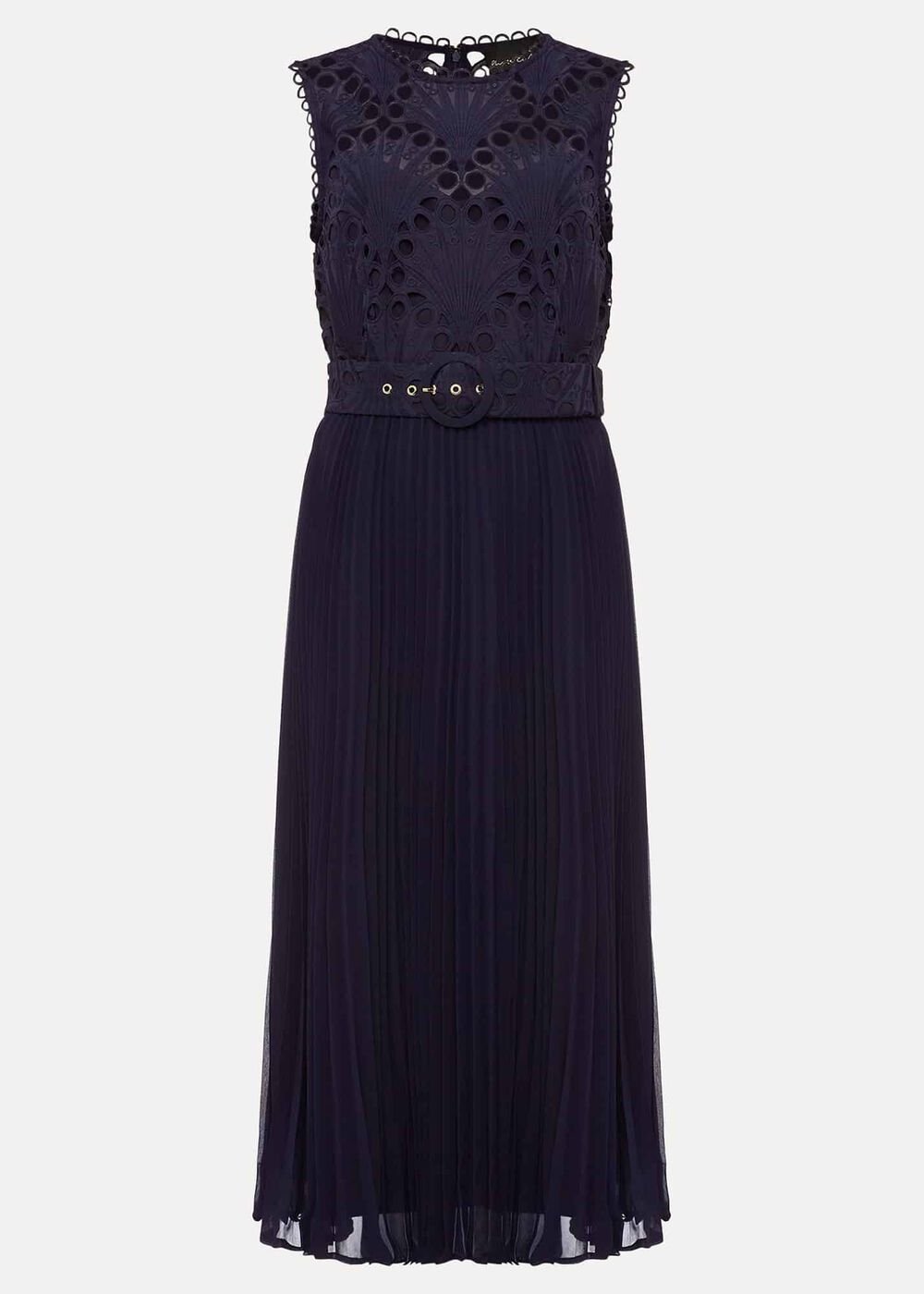 Amora Lace Bodice Pleated Dress Navy