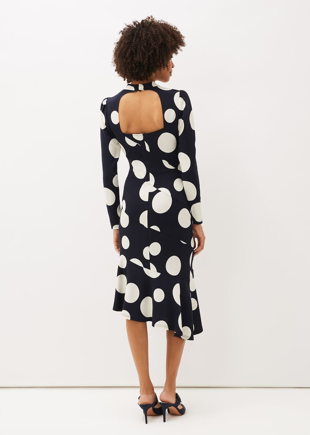 Gabi Spot Print Asymmetric Hem Dress Navy/Ivory