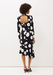 Gabi Spot Print Asymmetric Hem Dress Navy/Ivory