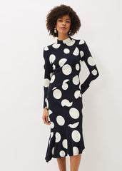 Gabi Spot Print Asymmetric Hem Dress Navy/Ivory