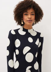 Gabi Spot Print Asymmetric Hem Dress Navy/Ivory