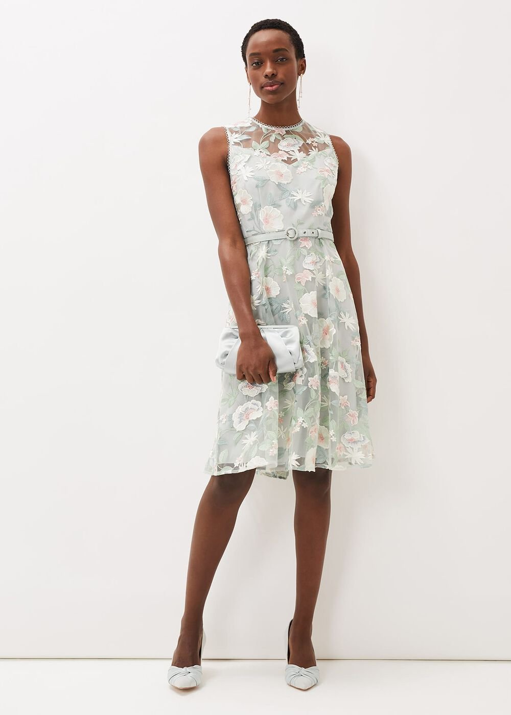 Aria Embroidered Fit And Flare Dress Eau De Nil