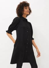 Button Down Puff Sleeve Midi Dress in Black Black