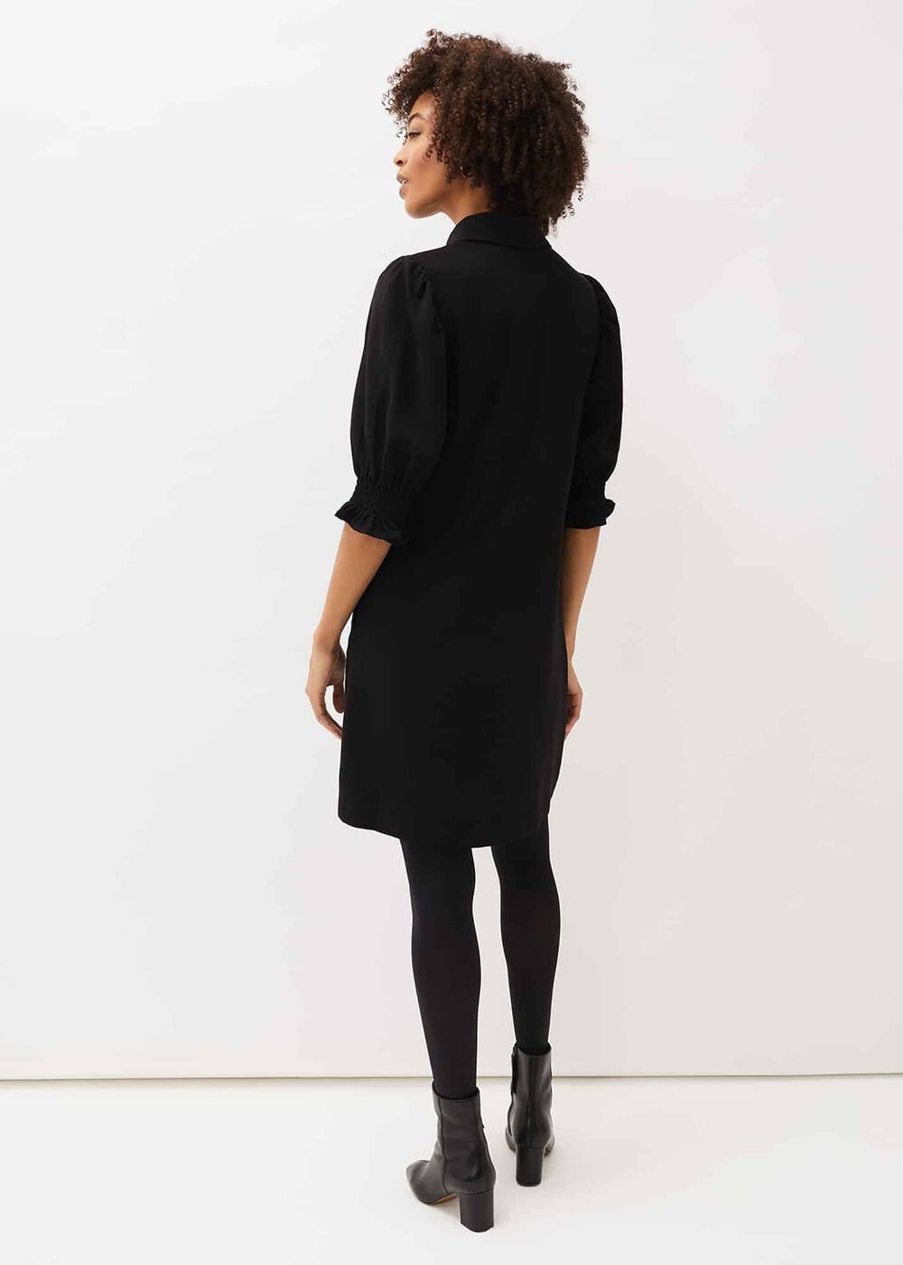 Button Down Puff Sleeve Midi Dress in Black Black