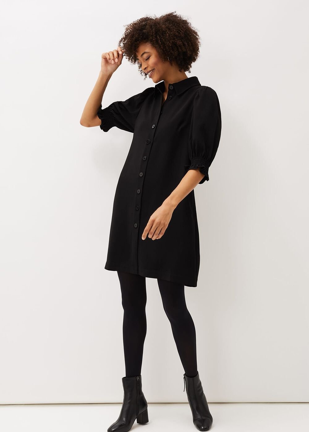 Button Down Puff Sleeve Midi Dress in Black Black