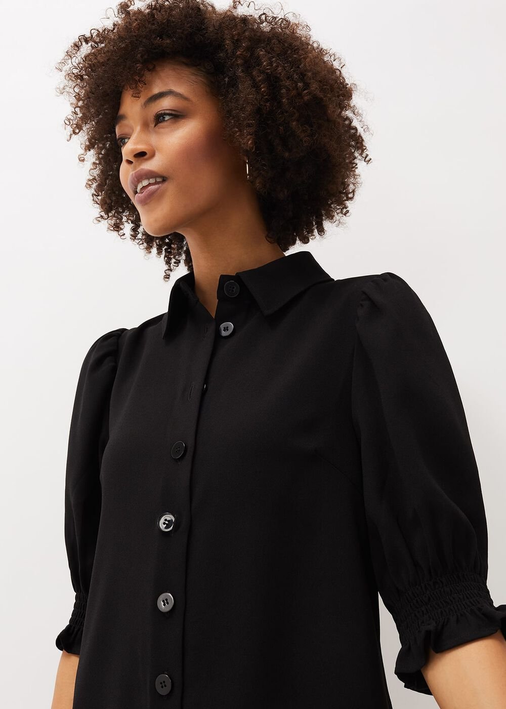 Button Down Puff Sleeve Midi Dress in Black Black