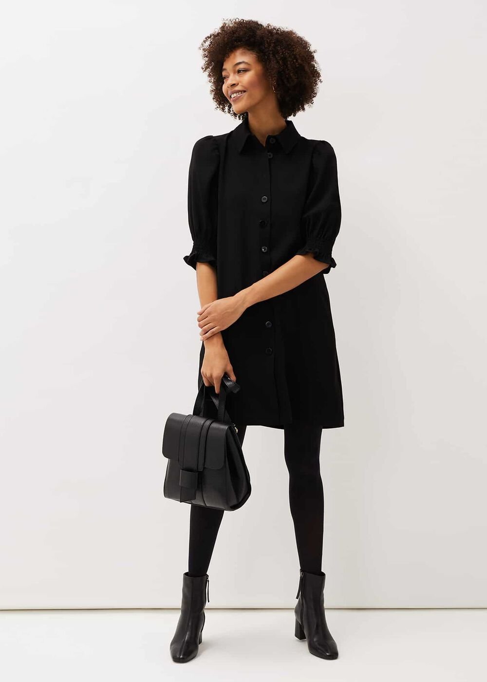 Button Down Puff Sleeve Midi Dress in Black Black