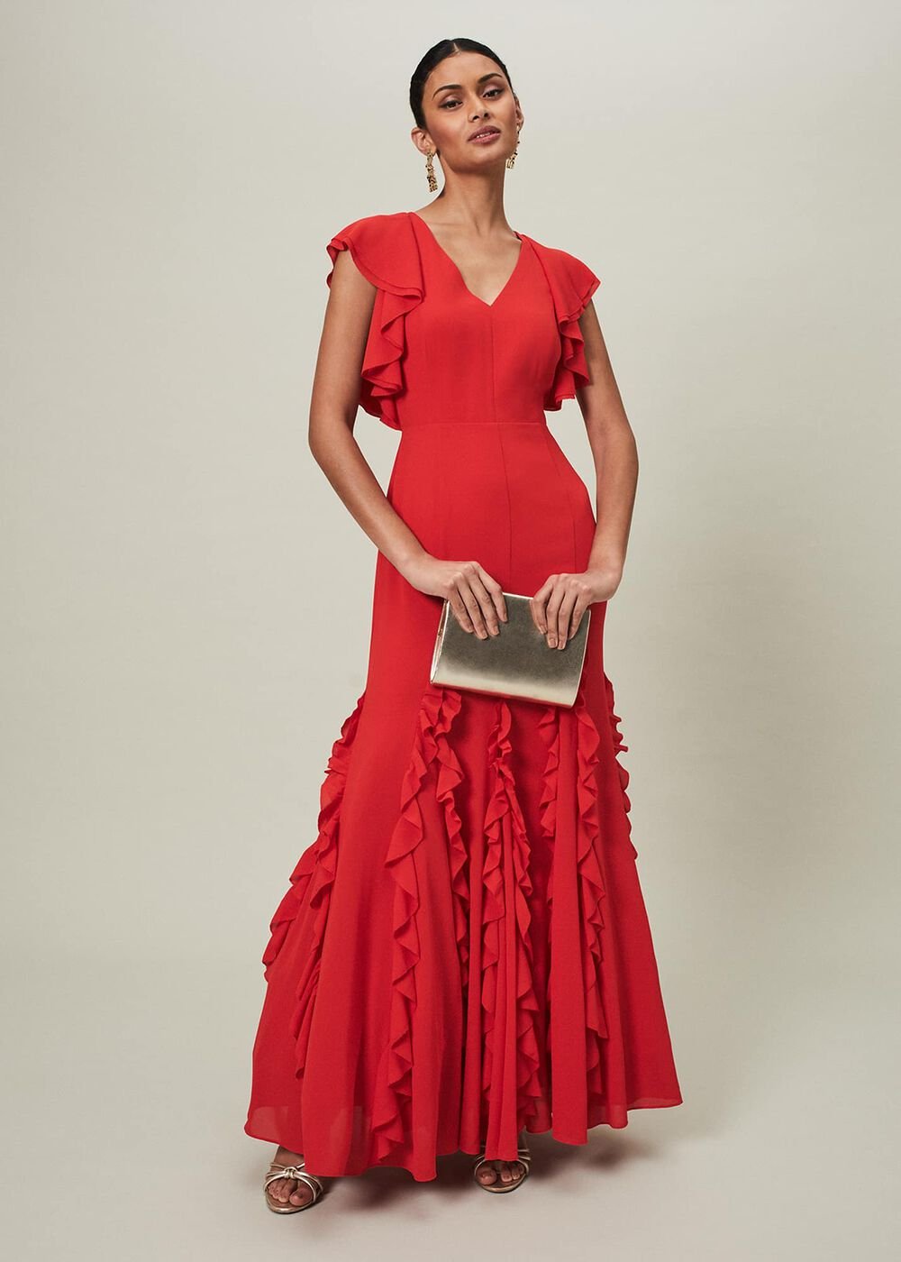 Scarlet Red Maxi Dress with Ruffled Sleeves & Skirt Scarlet