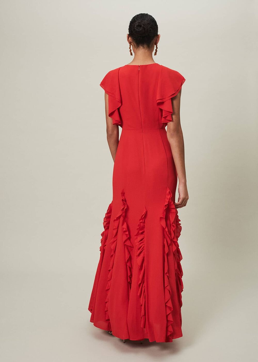 Scarlet Red Maxi Dress with Ruffled Sleeves & Skirt Scarlet