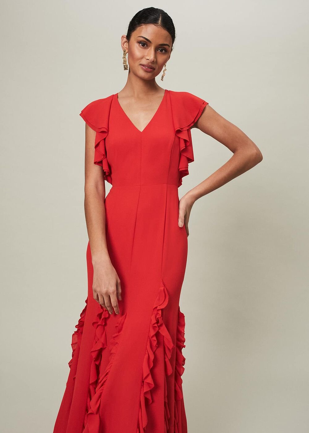 Scarlet Red Maxi Dress with Ruffled Sleeves & Skirt Scarlet