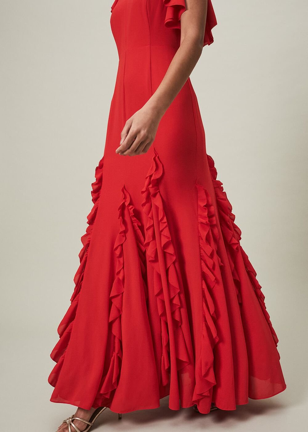 Scarlet Red Maxi Dress with Ruffled Sleeves & Skirt Scarlet
