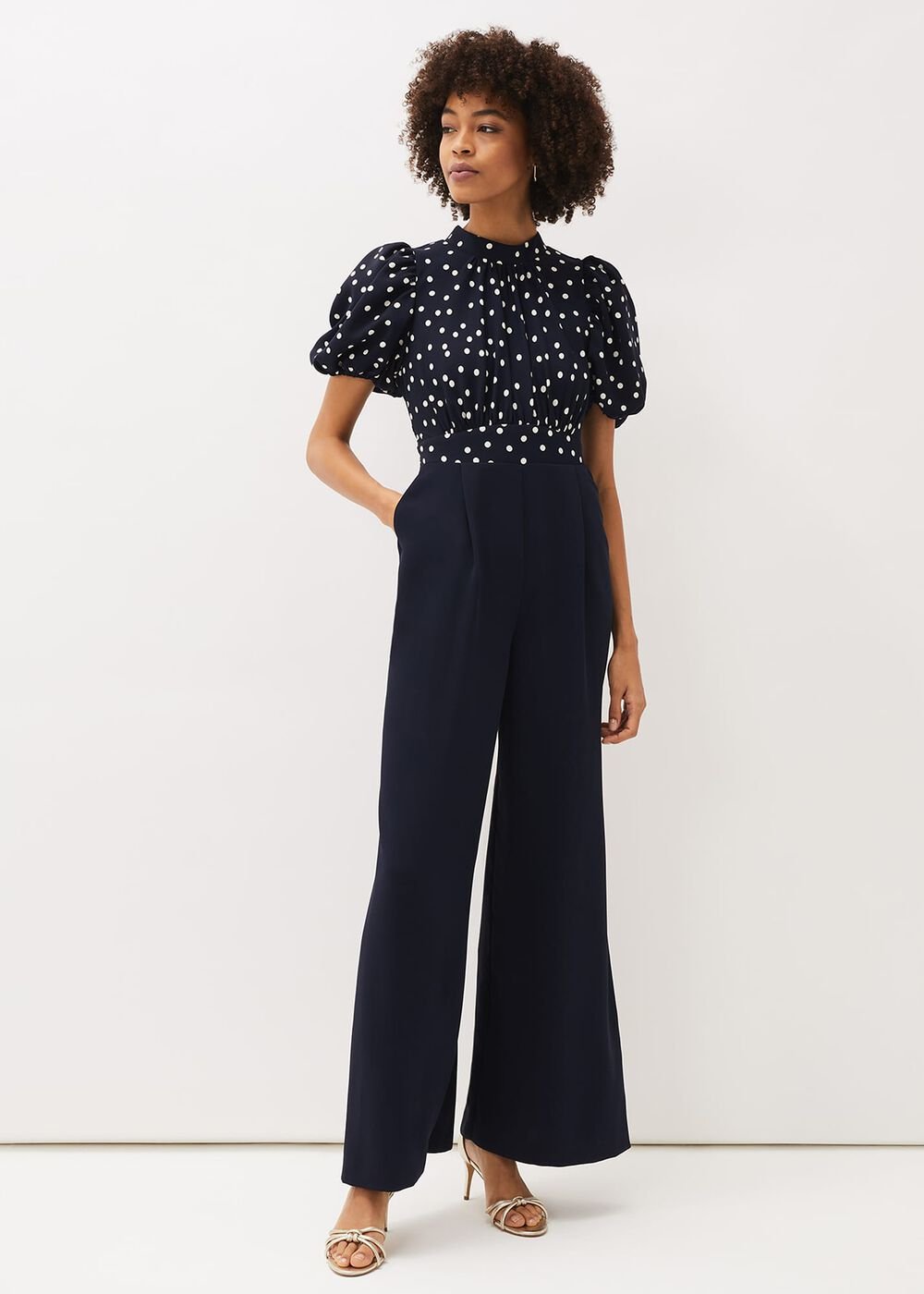 Paulina Puff Sleeve Spot Jumpsuit Navy/Ivory