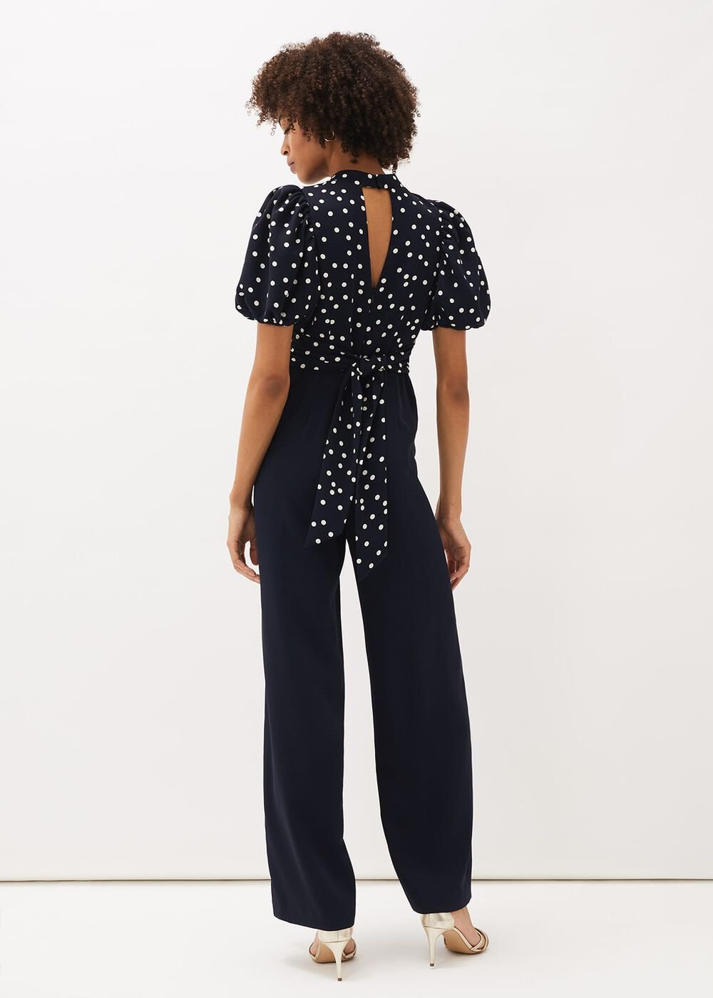 Paulina Puff Sleeve Spot Jumpsuit Navy/Ivory