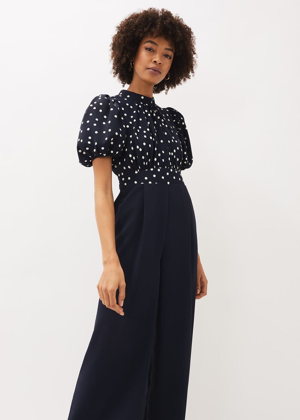 Paulina Puff Sleeve Spot Jumpsuit Navy/Ivory