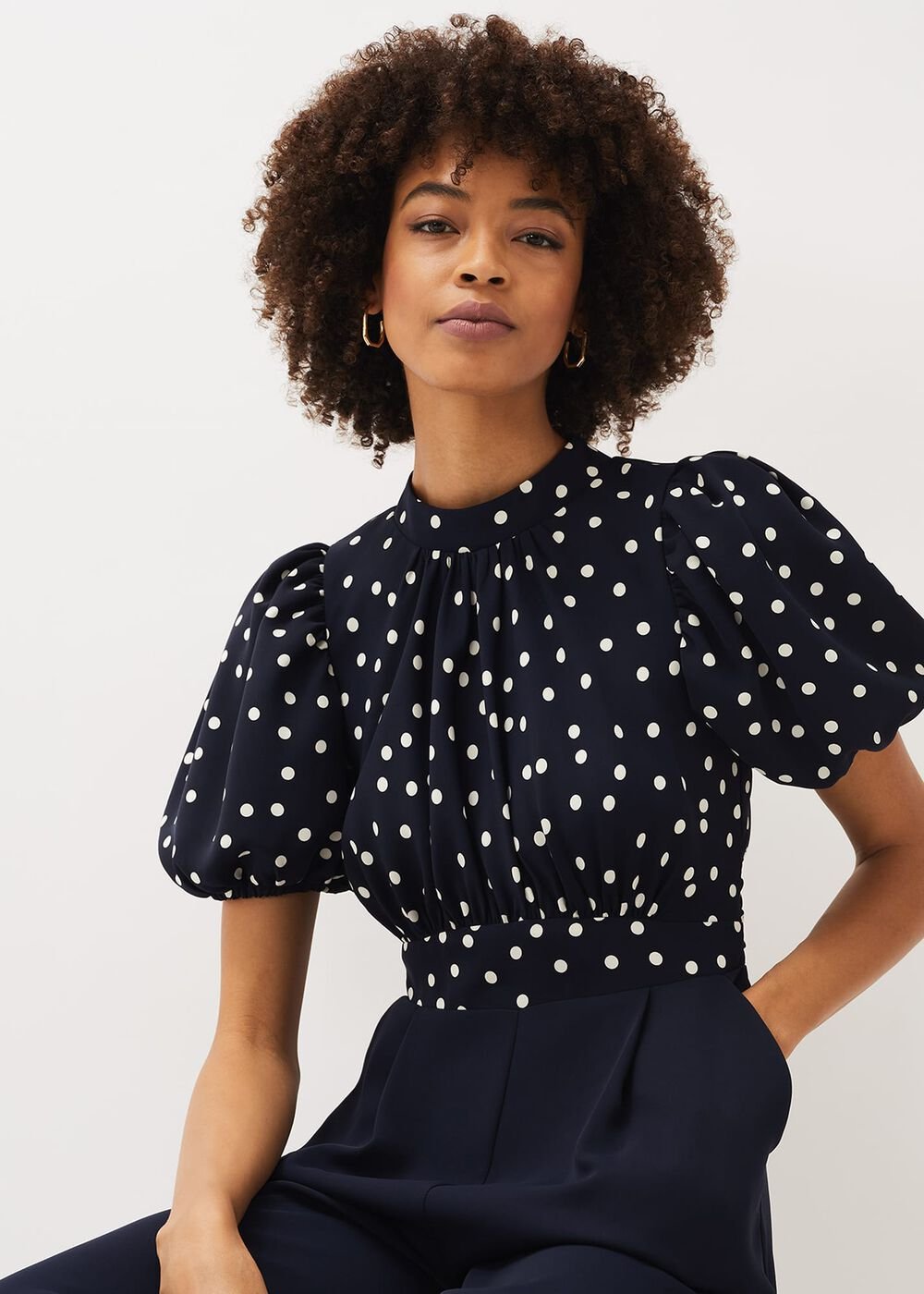 Paulina Puff Sleeve Spot Jumpsuit Navy/Ivory
