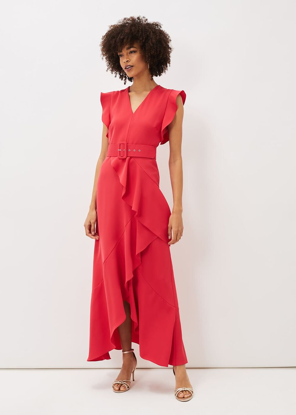 Phoebe Frill Belted Maxi Dress Coral