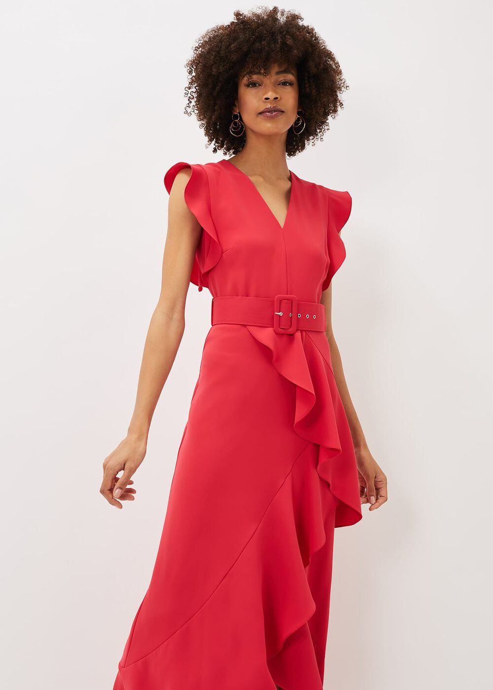 Phoebe Frill Belted Maxi Dress Coral