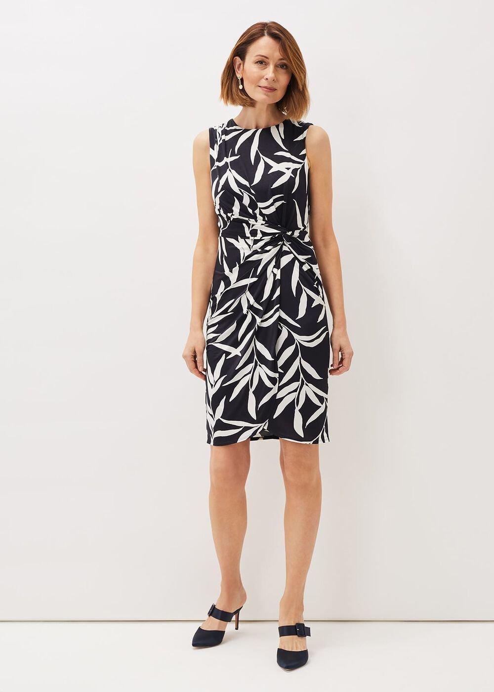 Amber Leaf Print Fitted Jersey Dress Navy/Ivory