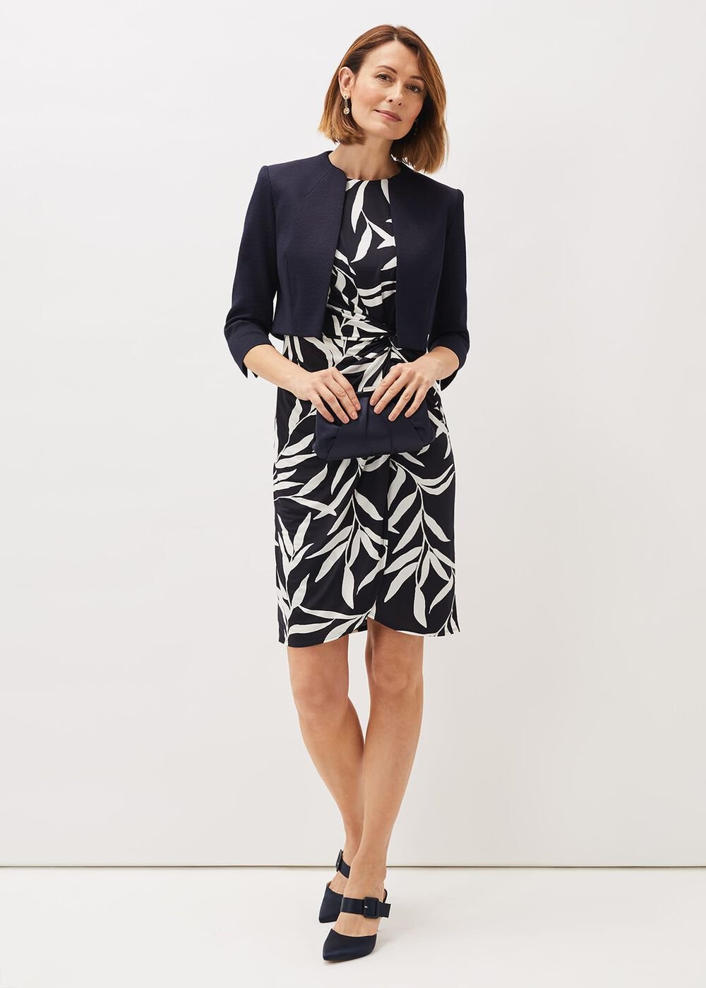 Amber Leaf Print Fitted Jersey Dress Navy/Ivory