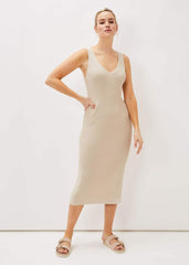 Lindan Ribbed Knit Midi Dress Stone