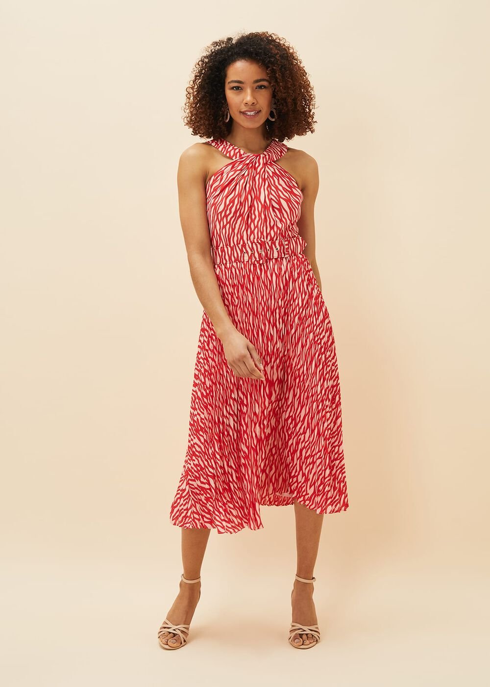 Yas Abstract Print Halterneck Dress Red/Nude