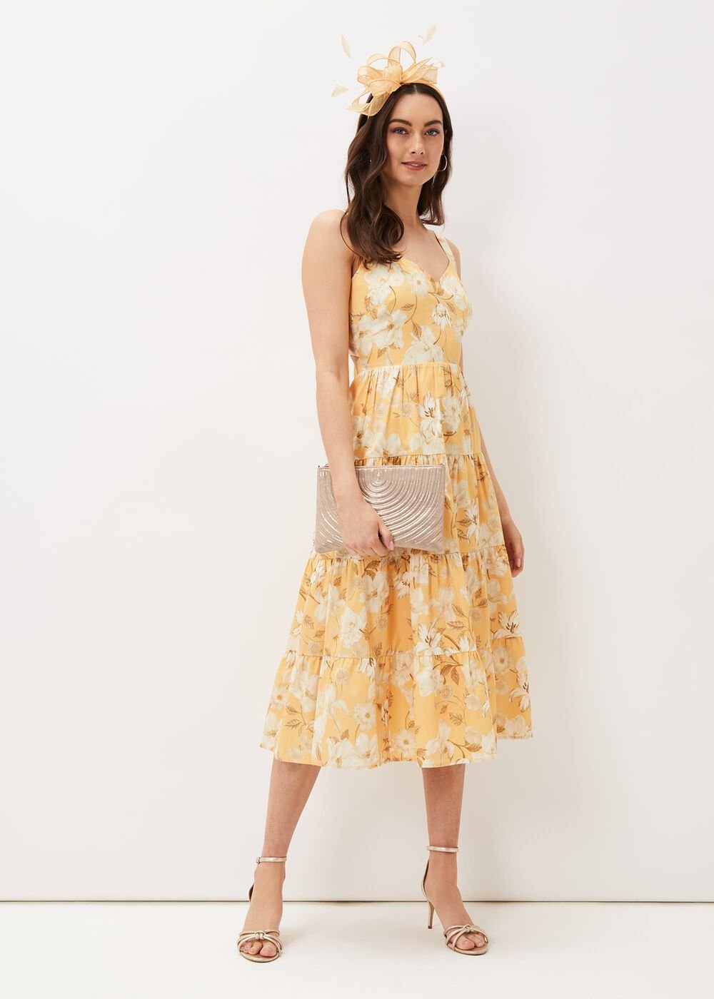 Elaina Cotton Floral Tiered Midi Dress Yellow/Multi