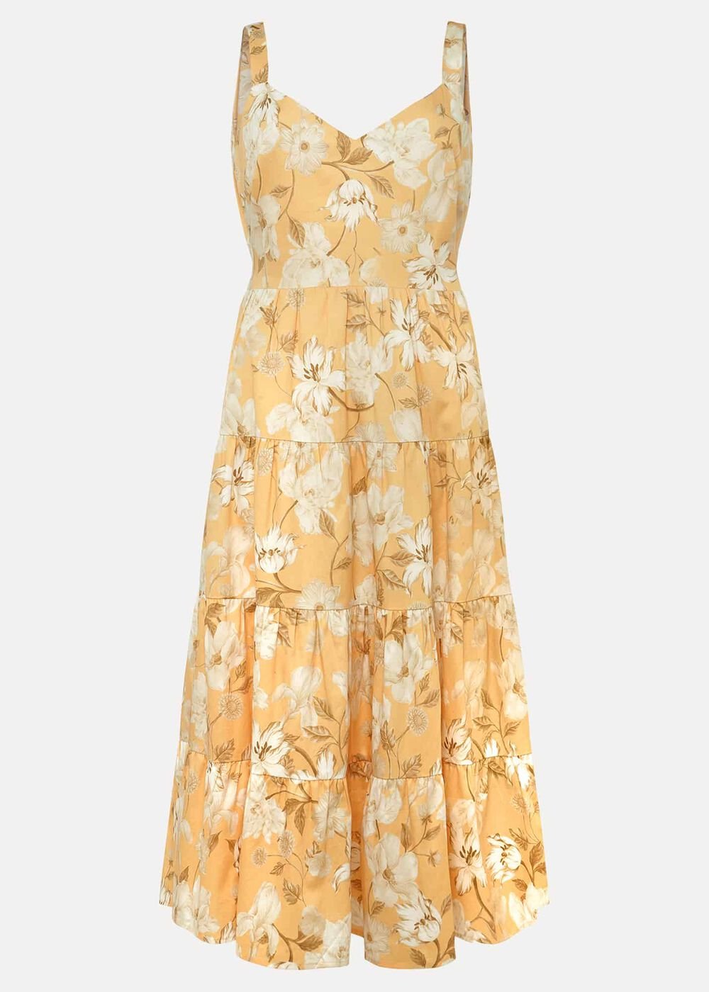 Elaina Cotton Floral Tiered Midi Dress Yellow/Multi