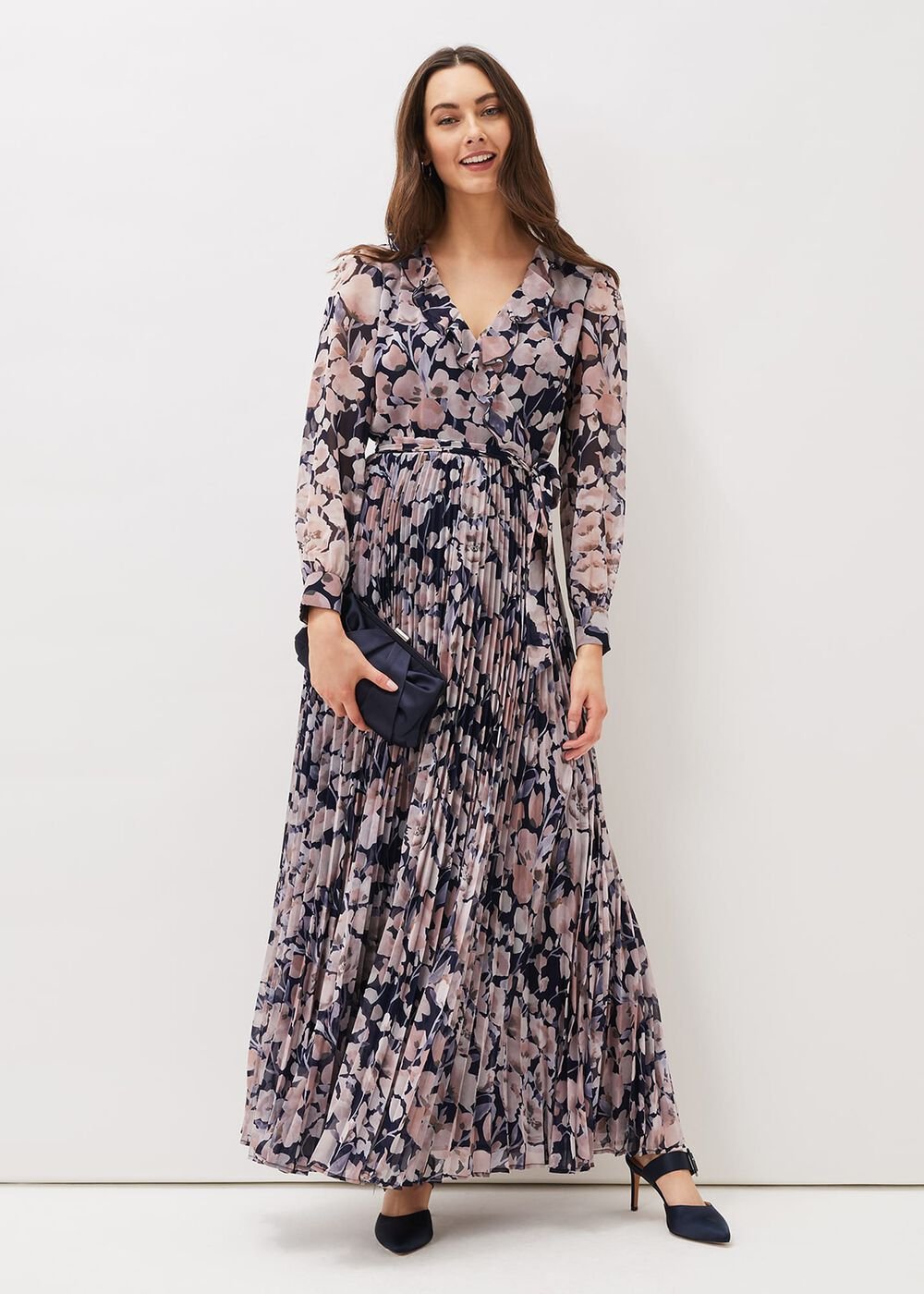 Fredrika Floral Pleated Maxi Dress Navy/Multi