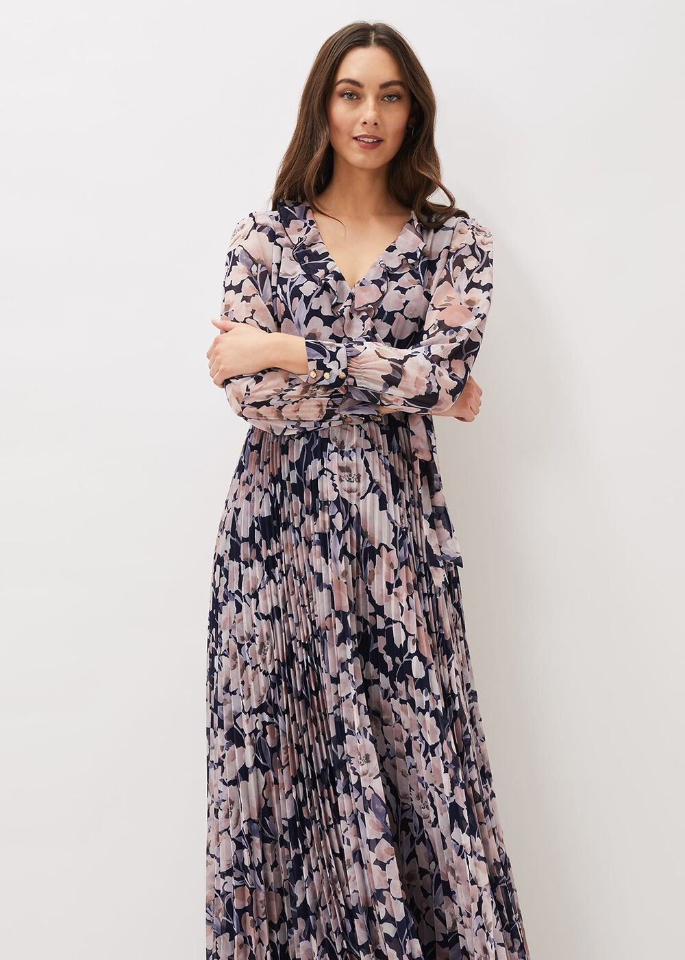 Fredrika Floral Pleated Maxi Dress Navy/Multi