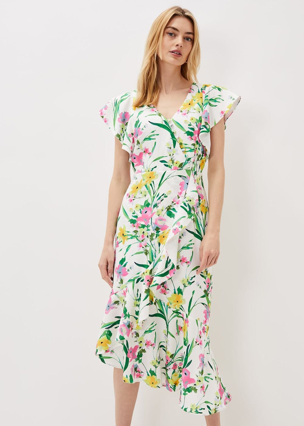 Evelin Printed Frill Hem Dress Ivory/Multi