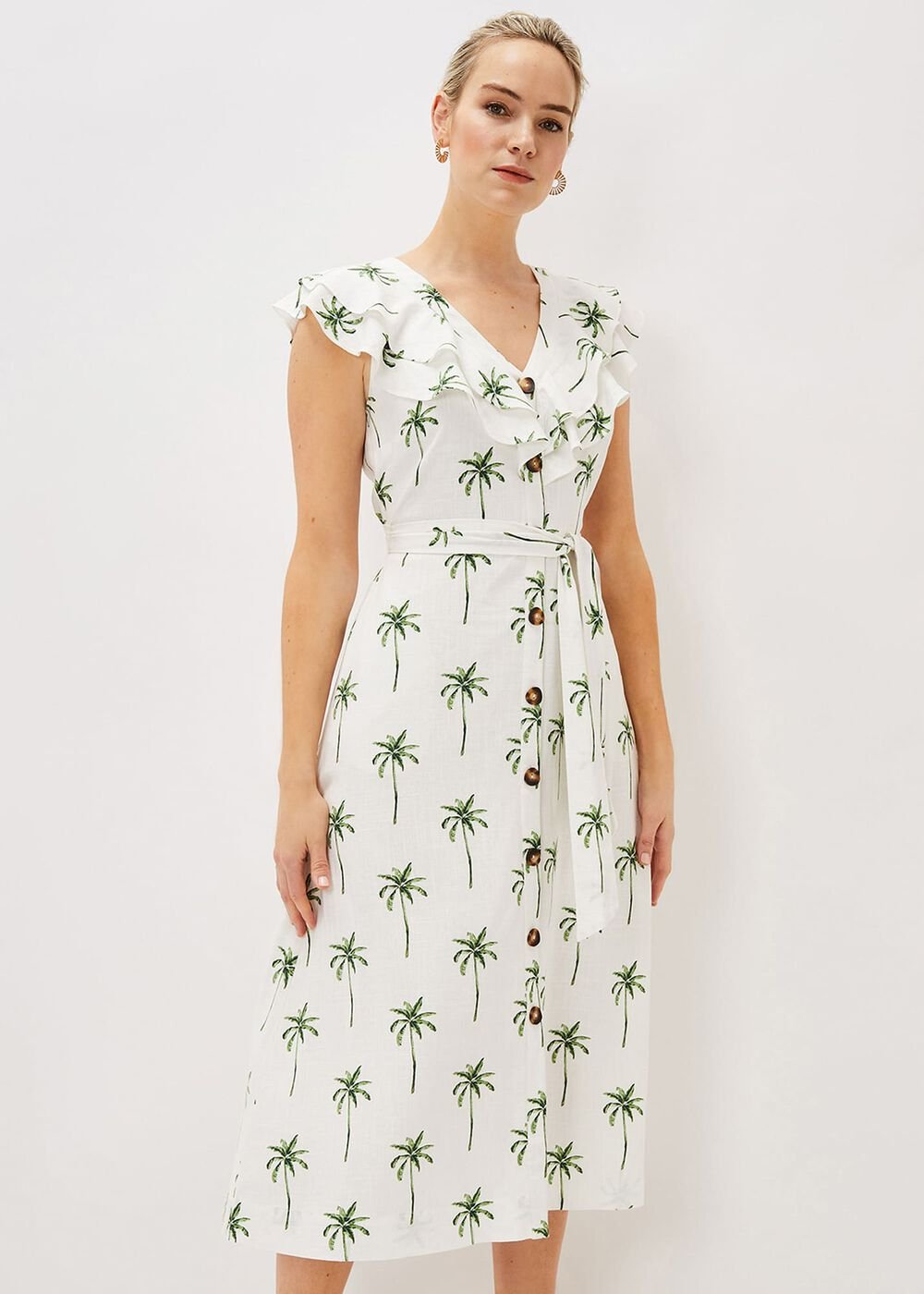 Jamilla Palm Print Midi Dress Ivory/Green