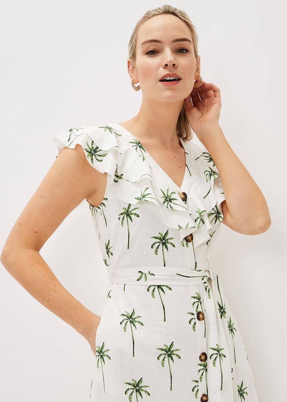 Jamilla Palm Print Midi Dress Ivory/Green