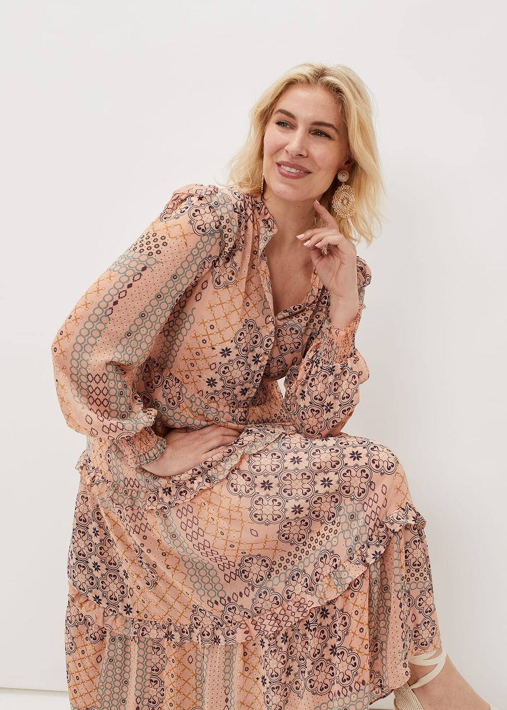 Ailsa Geometric Print Chiffon Midi Dress Pink Multi