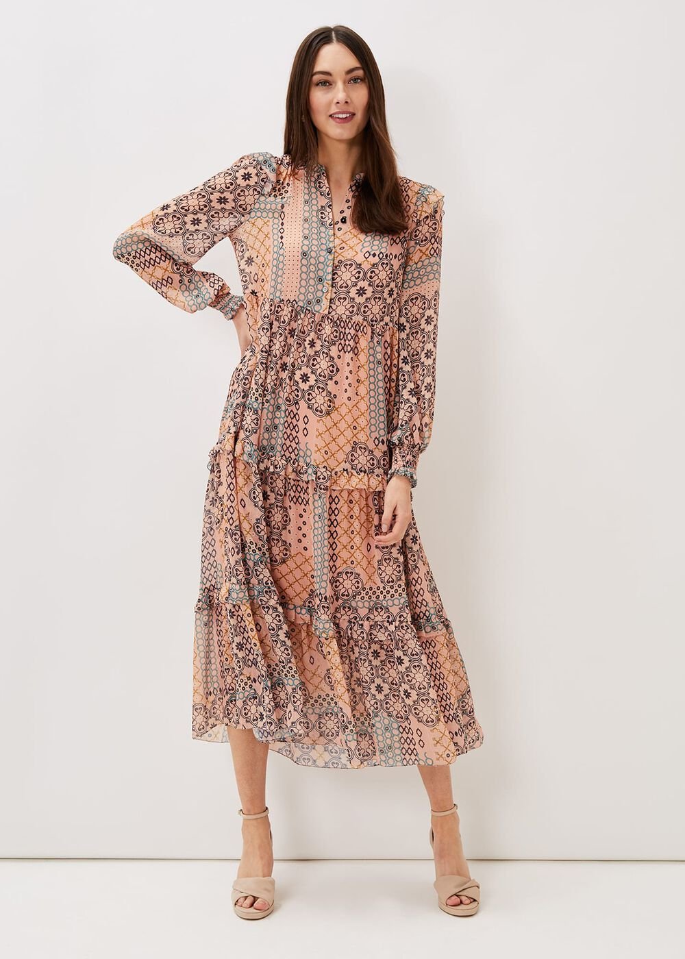 Ailsa Geometric Print Chiffon Midi Dress Pink Multi