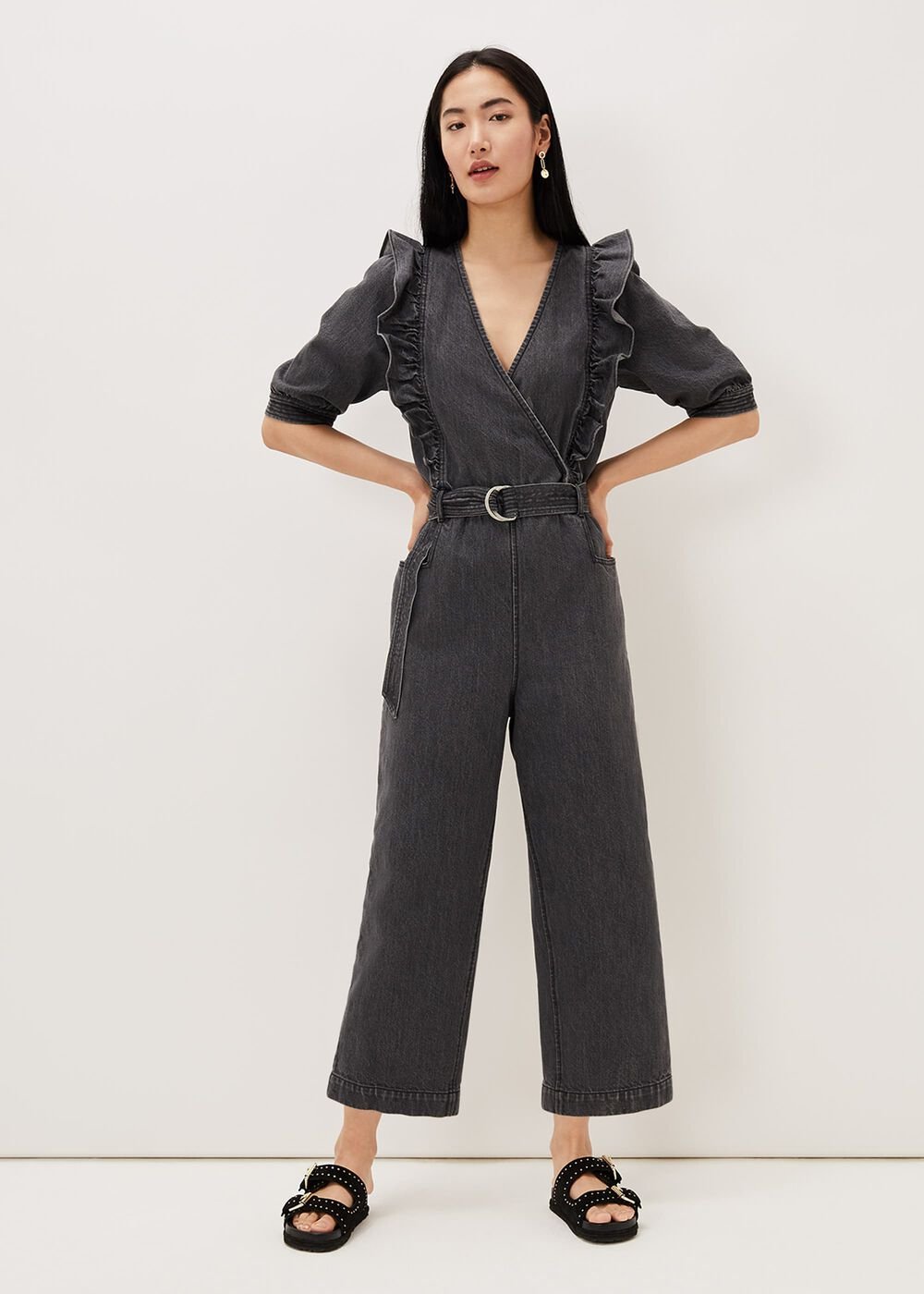Flora Denim Frill Jumpsuit Grey