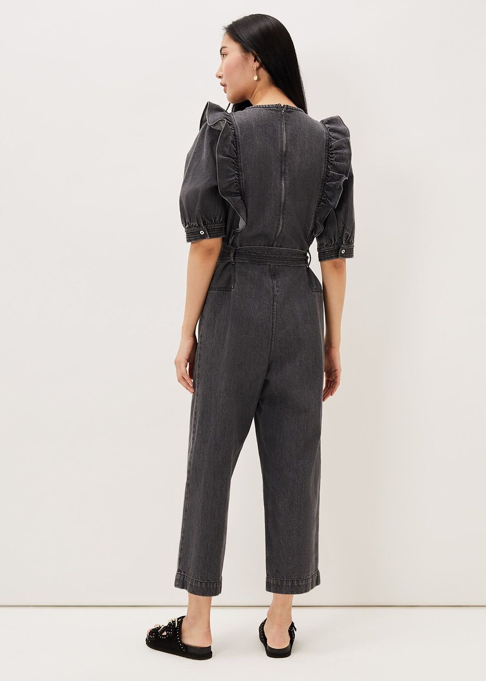 Flora Denim Frill Jumpsuit Grey