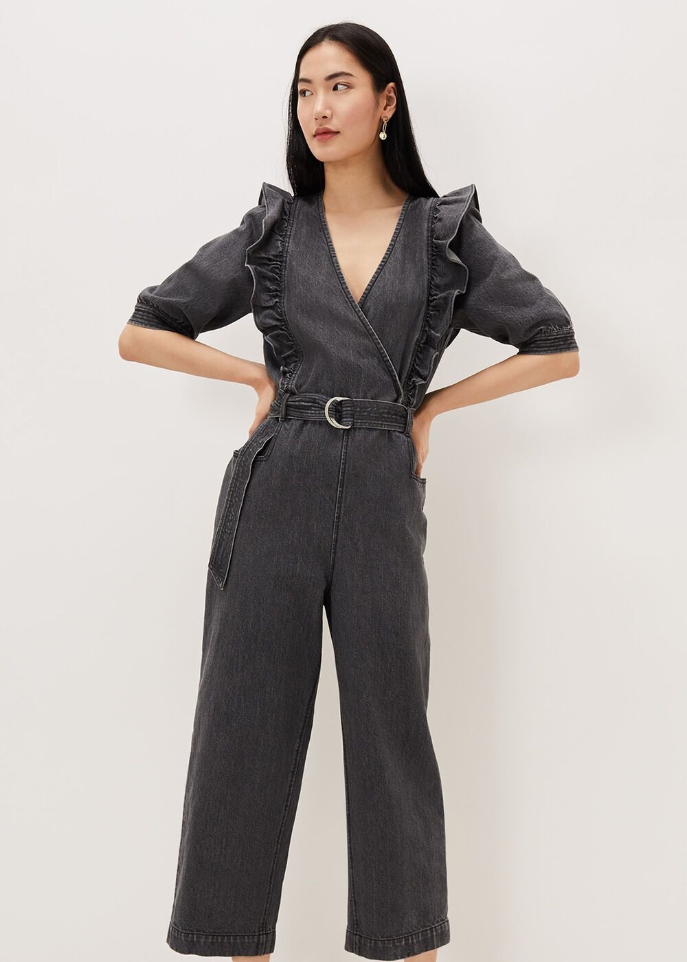 Flora Denim Frill Jumpsuit Grey