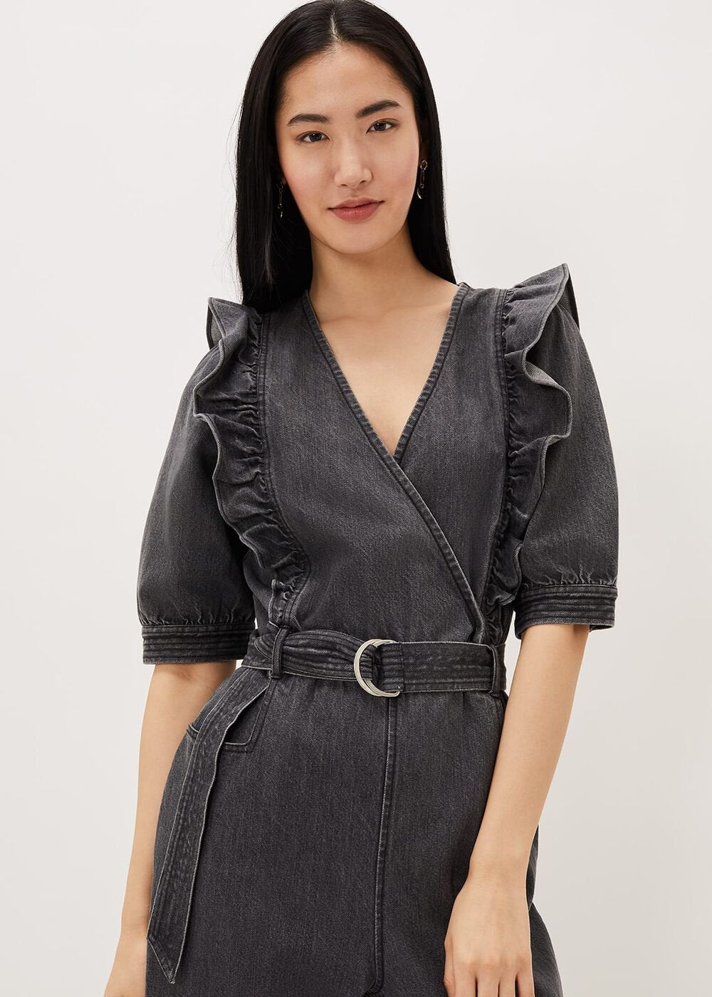 Flora Denim Frill Jumpsuit Grey