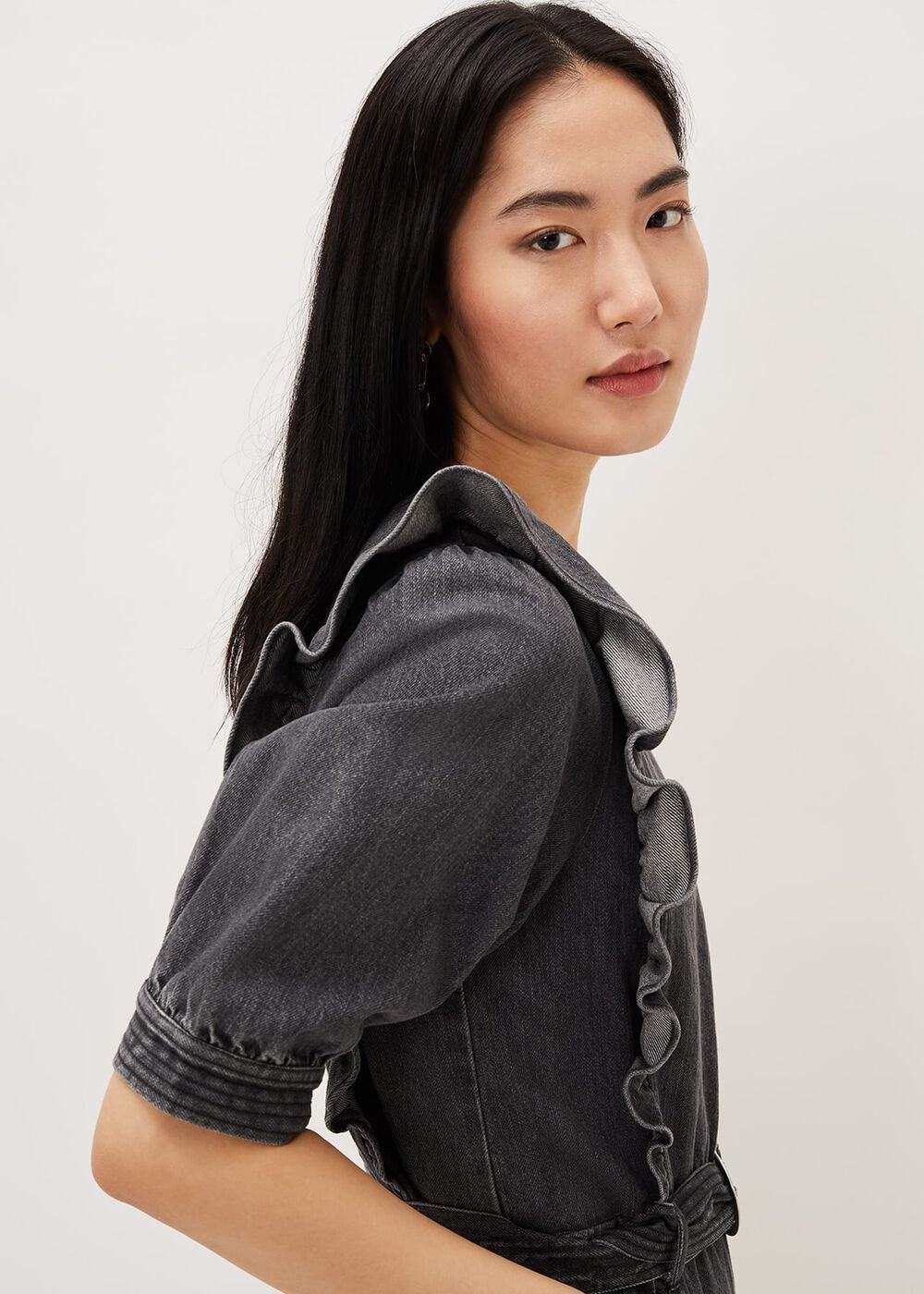 Flora Denim Frill Jumpsuit Grey