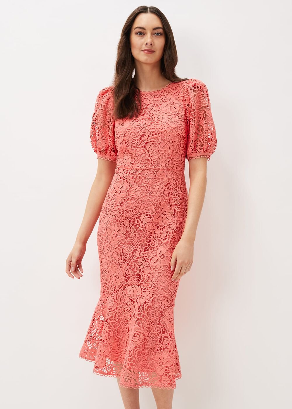 Lidia Guipure Lace Fishtail Dress Watermelon