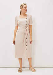Elletta Square Neck Linen Dress Stone