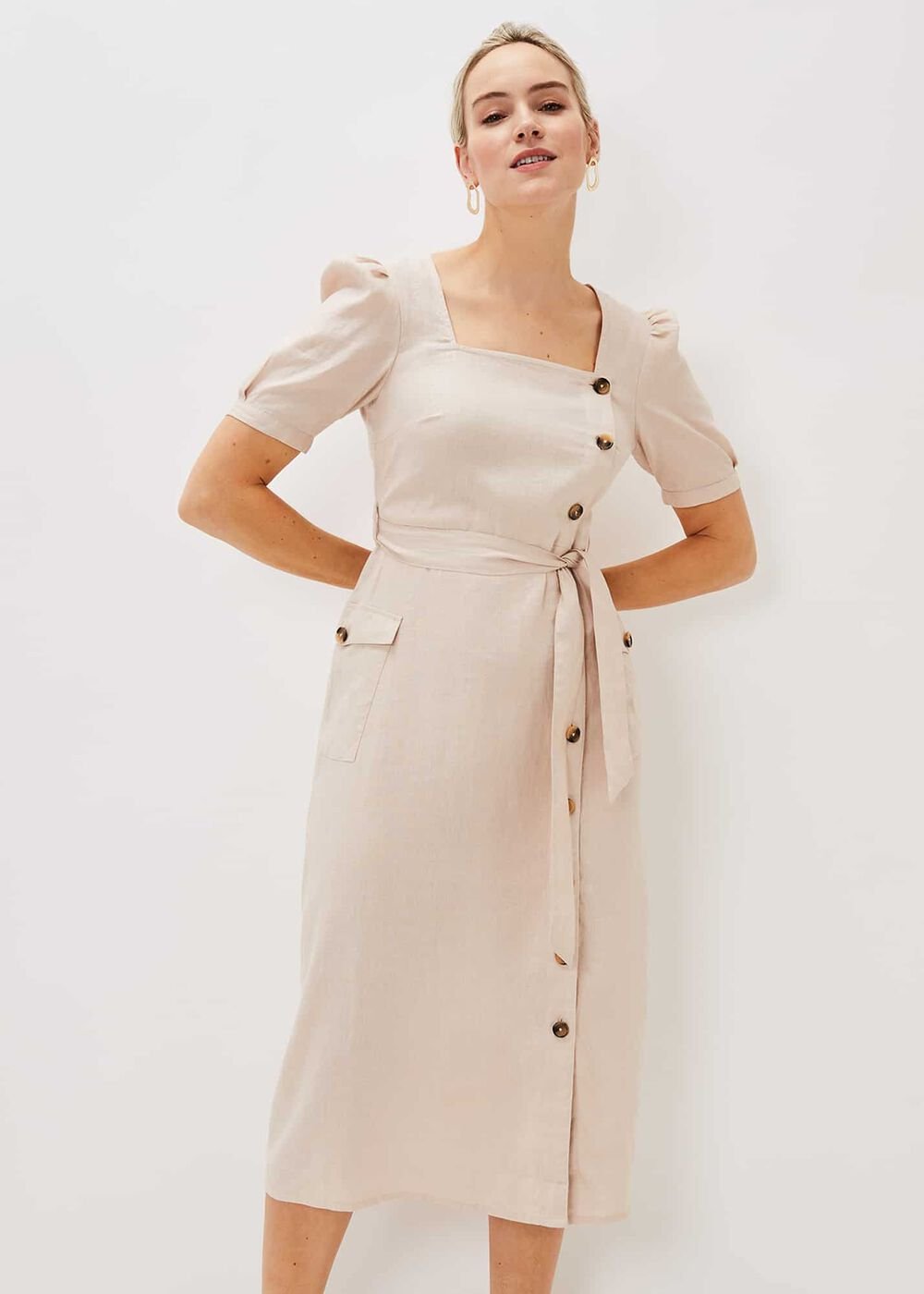 Elletta Square Neck Linen Dress Stone