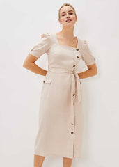 Elletta Square Neck Linen Dress Stone