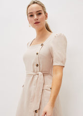 Elletta Square Neck Linen Dress Stone