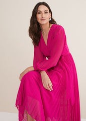 Magenta Pink Long Sleeve Pleated Midi Wrap Dress Magenta Pink