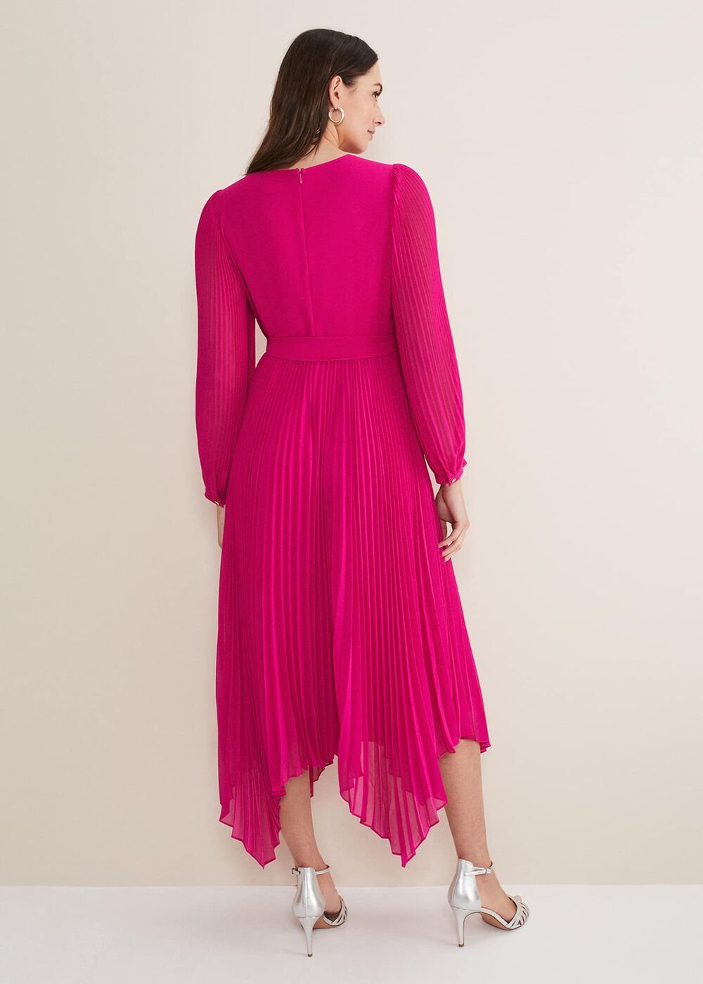 Magenta Pink Long Sleeve Pleated Midi Wrap Dress Magenta Pink